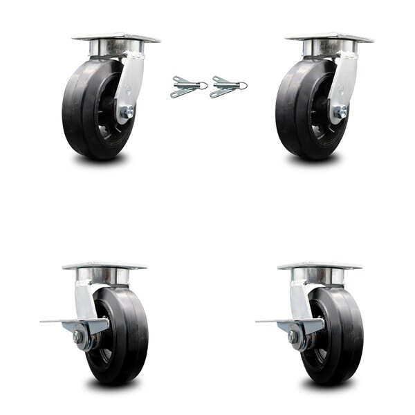 6 Inch Kingpinless Rubber on Steel Wheel Caster Swivel Locks 2 Brakes SCC, 2PK